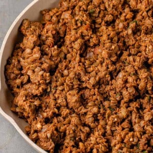 macro image of lentil and walnut taco meat in pan
