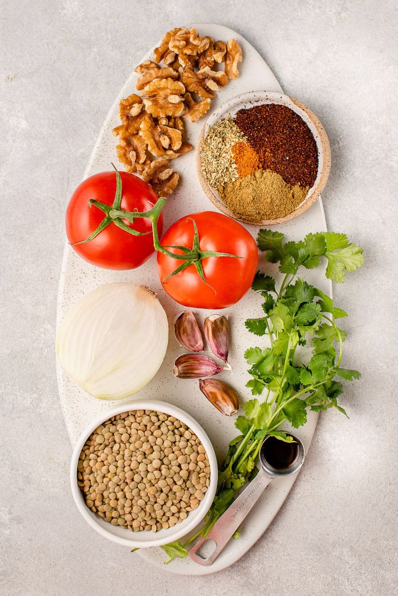 overhead image of ingredients on speckled platter