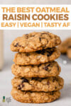 vegan oatmeal raisin cookies in a tall stack with a glass of oat milk by sweet simple vegan for pinterest