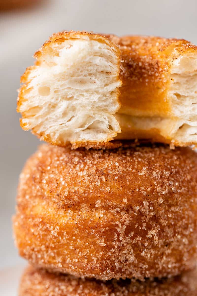 macro image of cut in half biscuit donuts