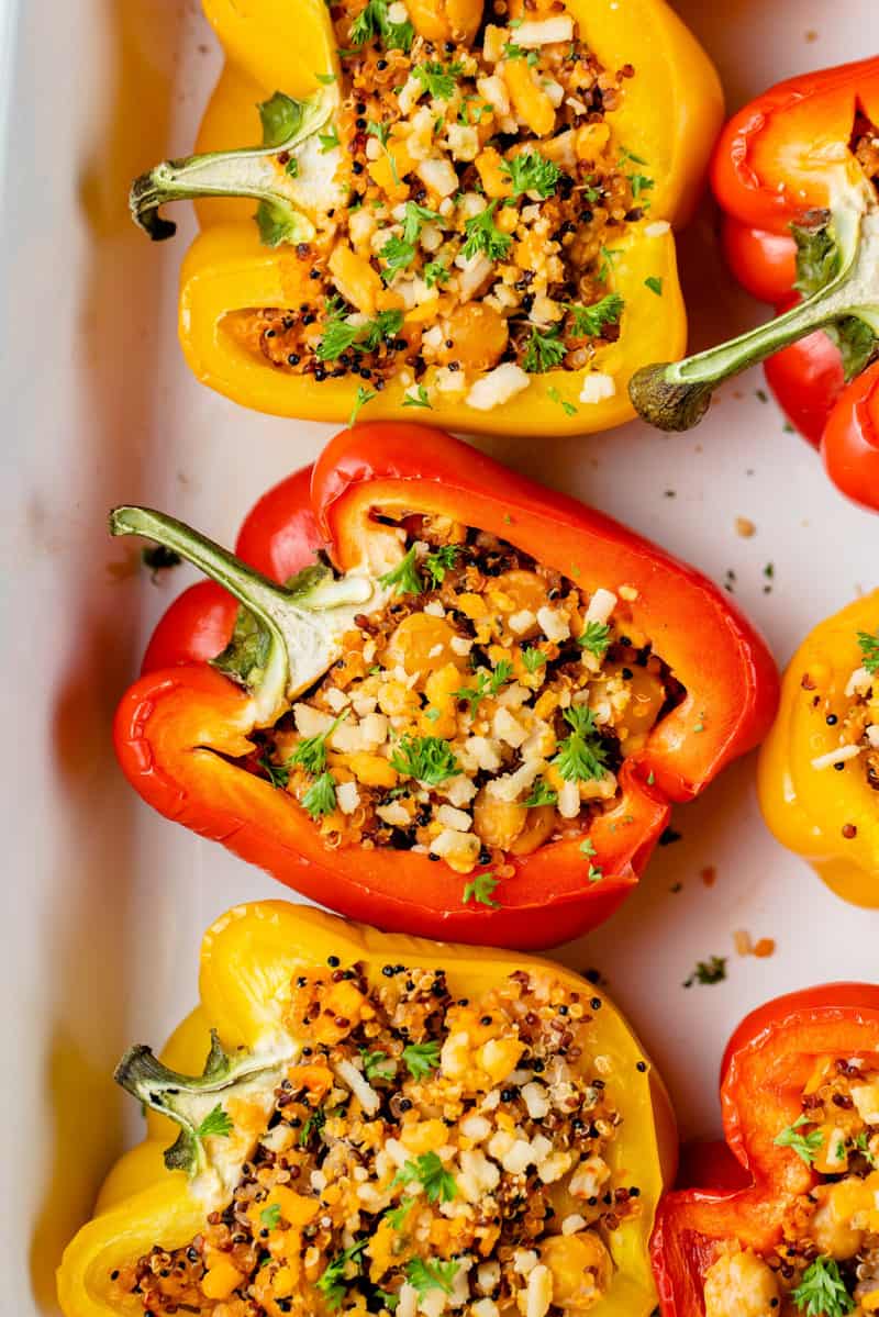unclose image of baked stuffed peppers in baking dish