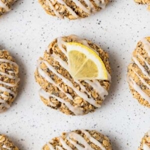 overhead image of lemon poppyseed breakfast cookies on a sheet pan