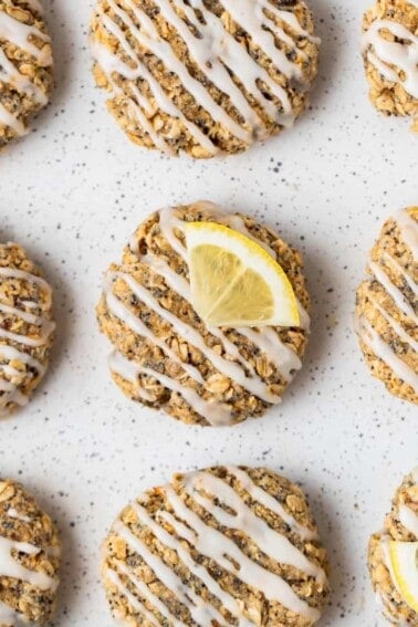 overhead image of lemon poppyseed breakfast cookies on a sheet pan