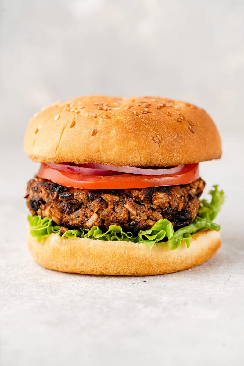 Straight forward image of grillable veggie burger on plate