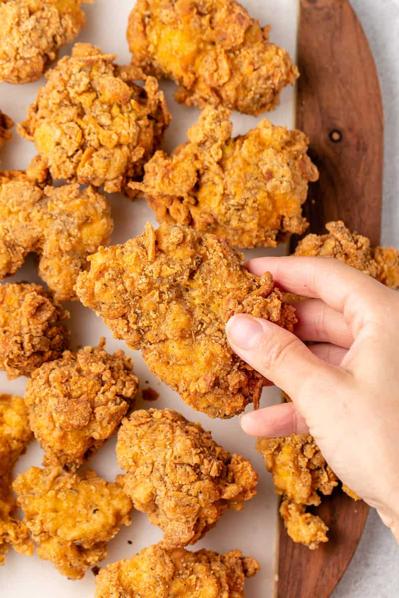 overhead image of vegan KFC fried chicken on cutting board