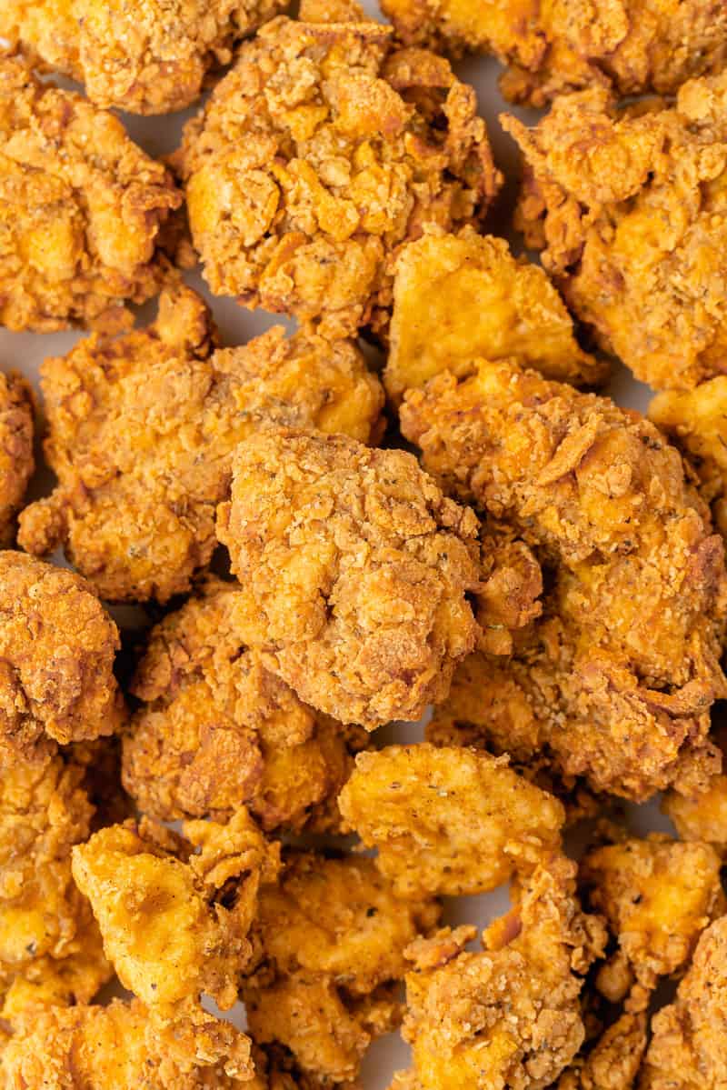 Overhead image of vegan fried chicken pieces