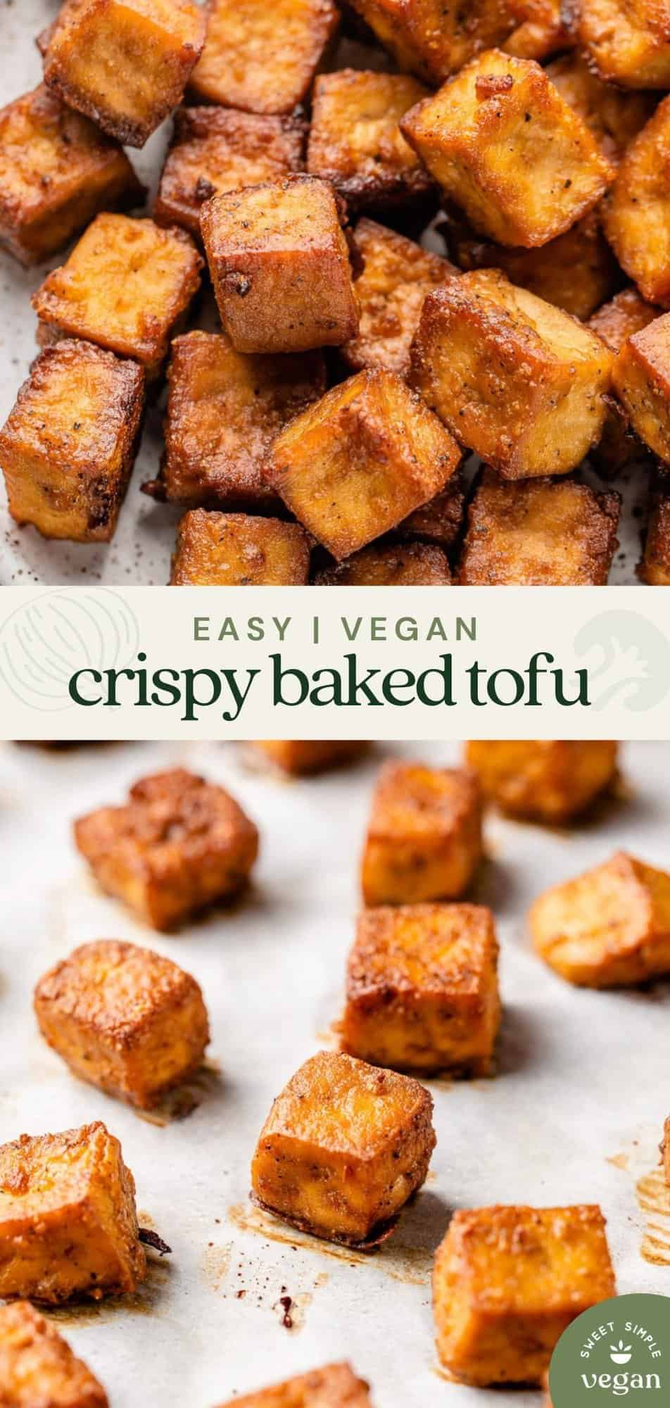 Pinterest image with crispy baked tofu on sheet pan and on a plate