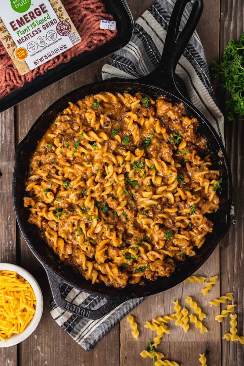 overhead image of one pot vegan hamburger helper in a cast iron skillet