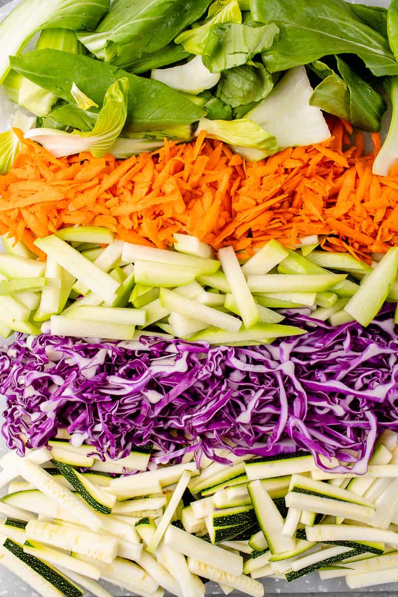 overhead image of freshly chopped veggies for filipino pancit bihon