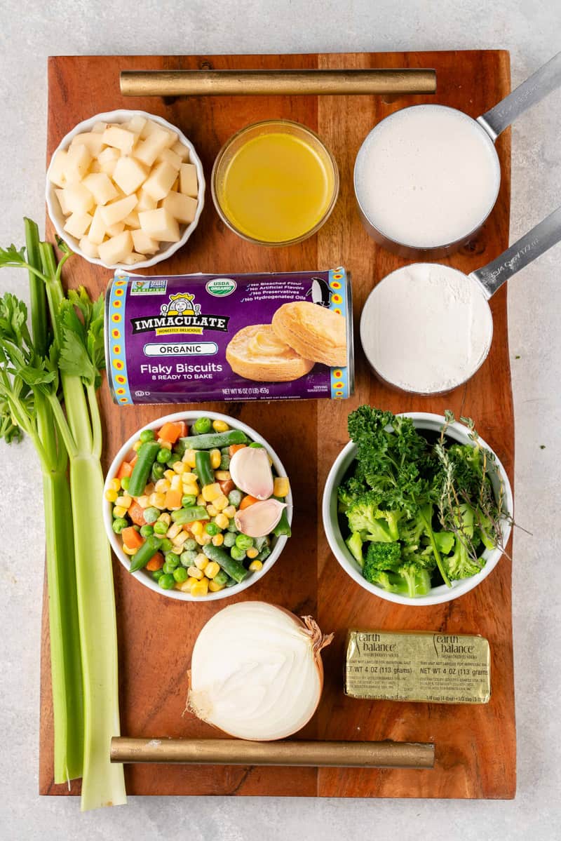 overhead image of ingredients for skillet biscuit pot pie