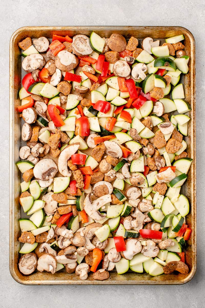 roasted vegetables before on sheet pan