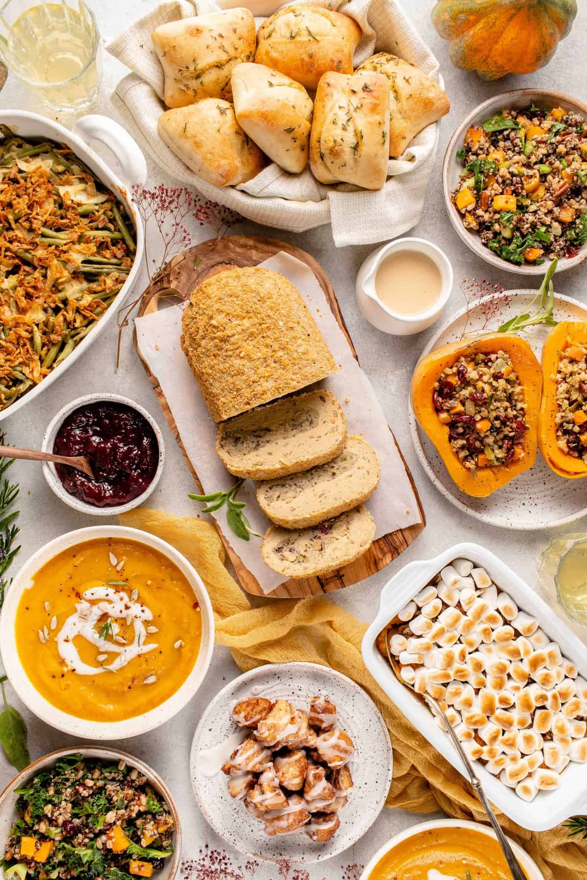 overhead image of thanksgiving spread for featured image in holiday round up