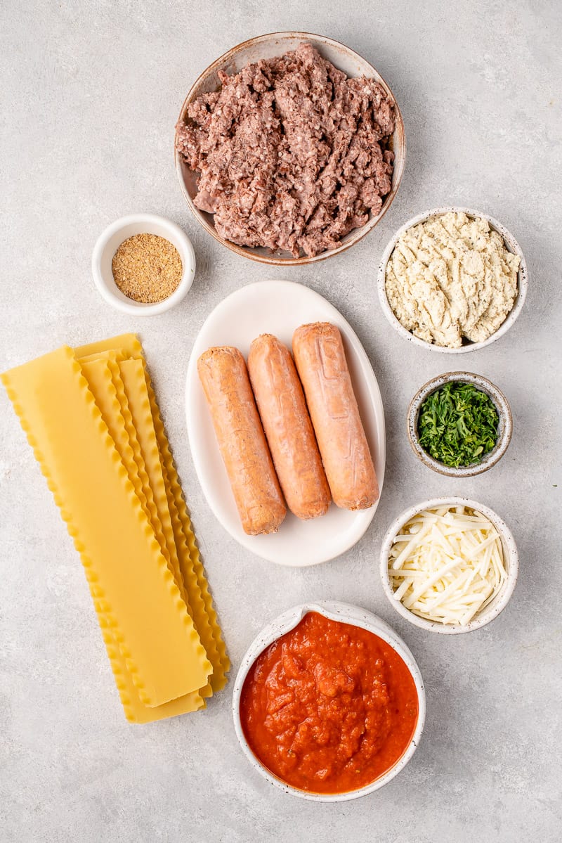 overhead image of ingredients for lasagna