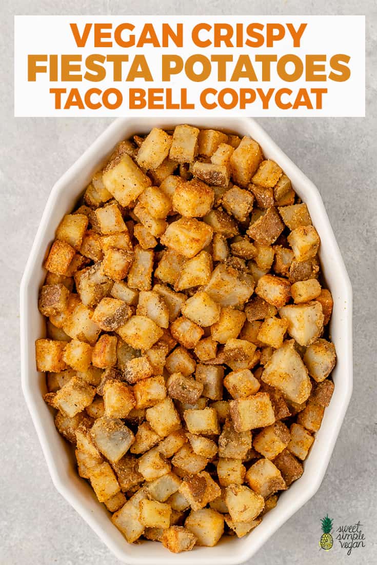 overhead image of crispy fiesta potatoes in dish for pinterest
