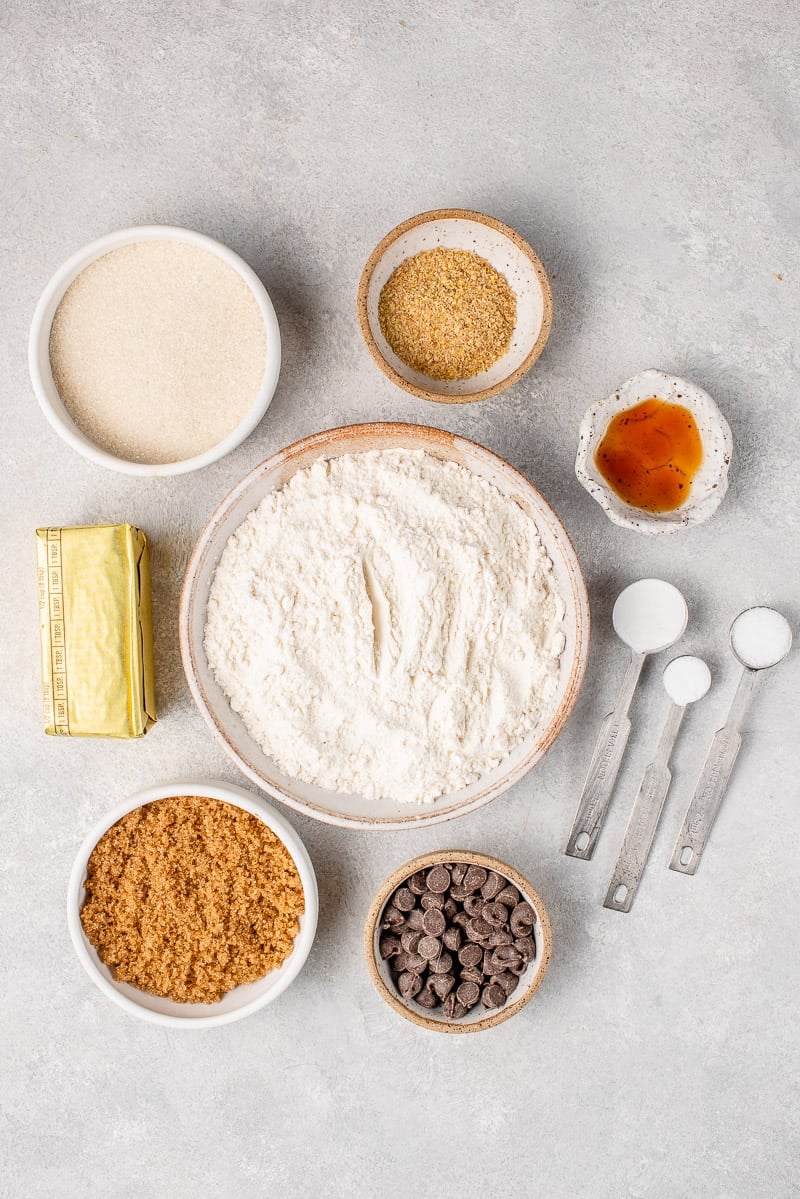 ingredients for vegan chocolate chip skillet cookie