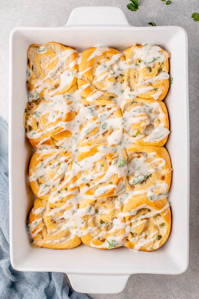 white baking dish with vegan Jalapeño Popper Rolls