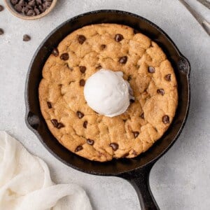 vegan chocolate chip skillet cookie with ice cream