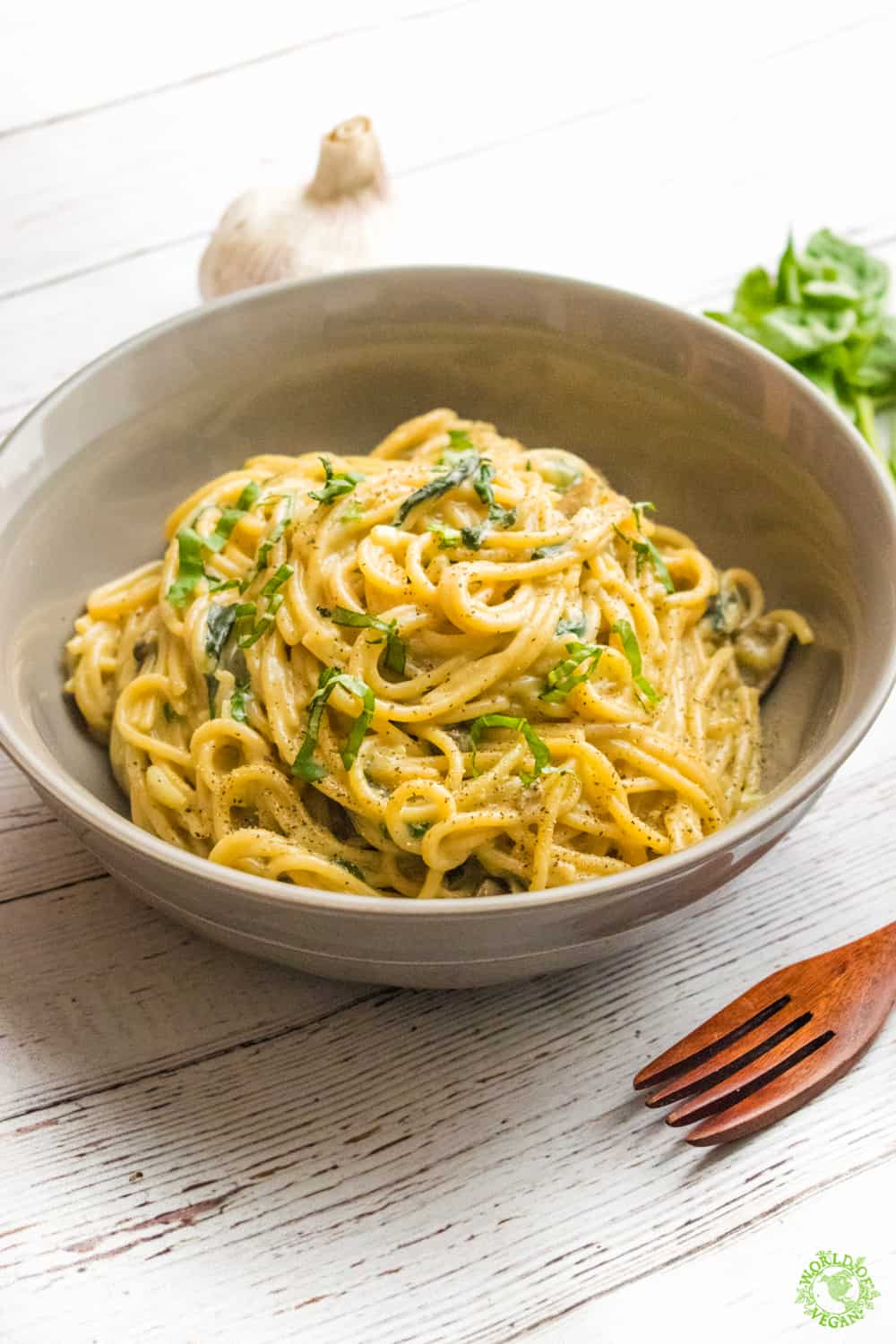 Up close image of one-pot vegan pasta in a bowl. 