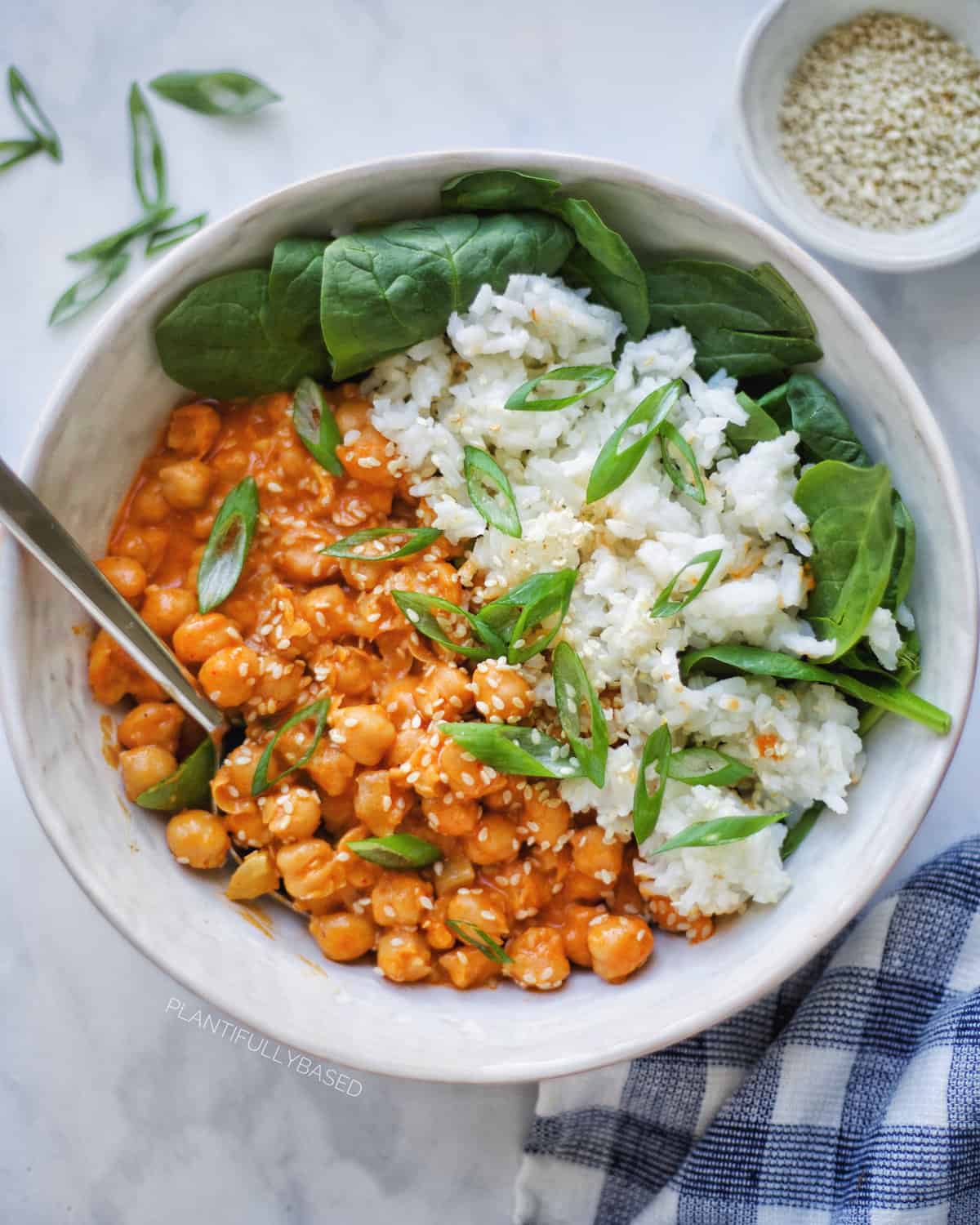 overhead shot of Creamy Thai Red Curry Chickpeas in a bowl