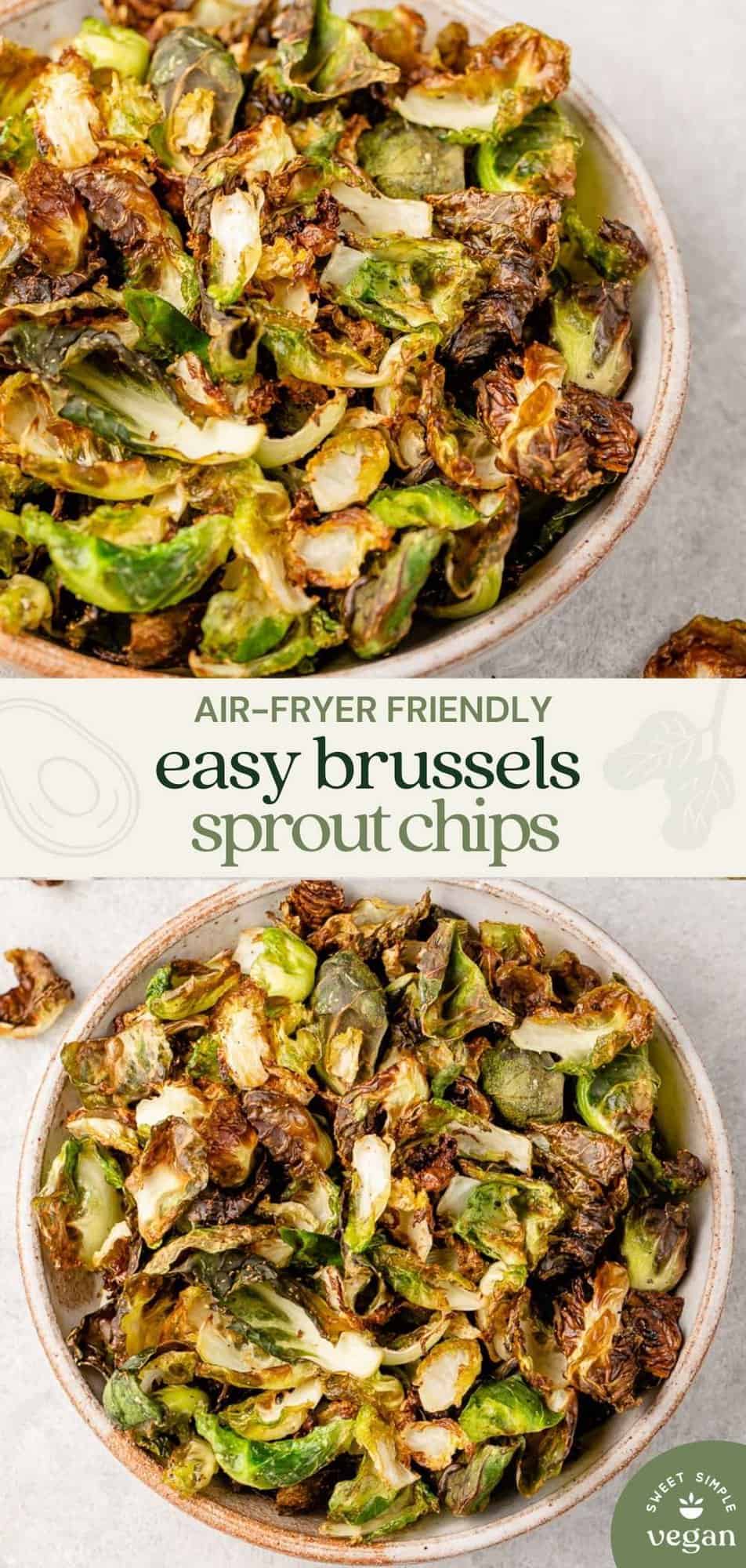image for pinterest with bowl of brussels sprout chips and text