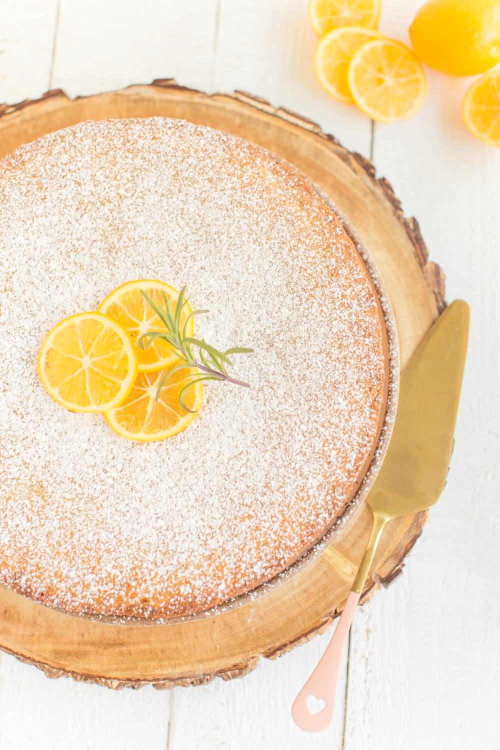 overhead image of lemon olive oil cake. 