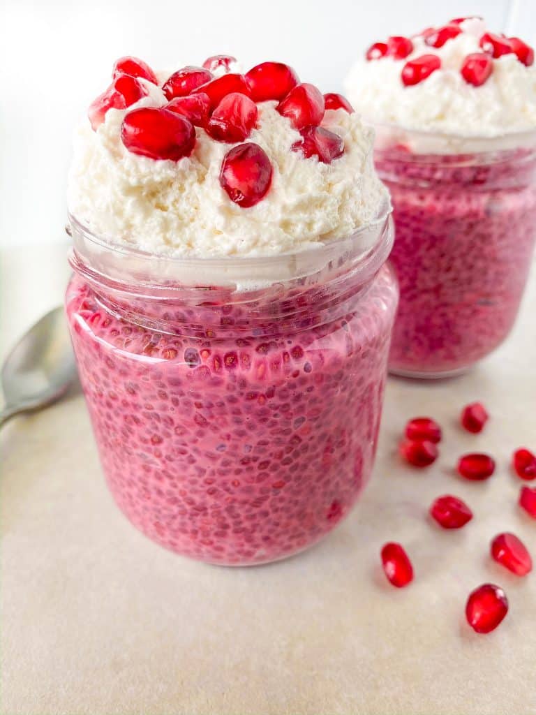macro image of jar filled with beet chia pudding. Healthy spring desserts.  