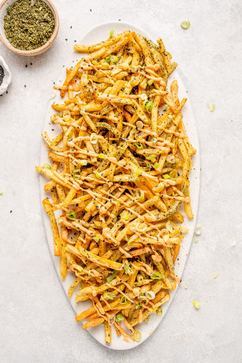 overhead photo of Tokyo street fries on a white platter