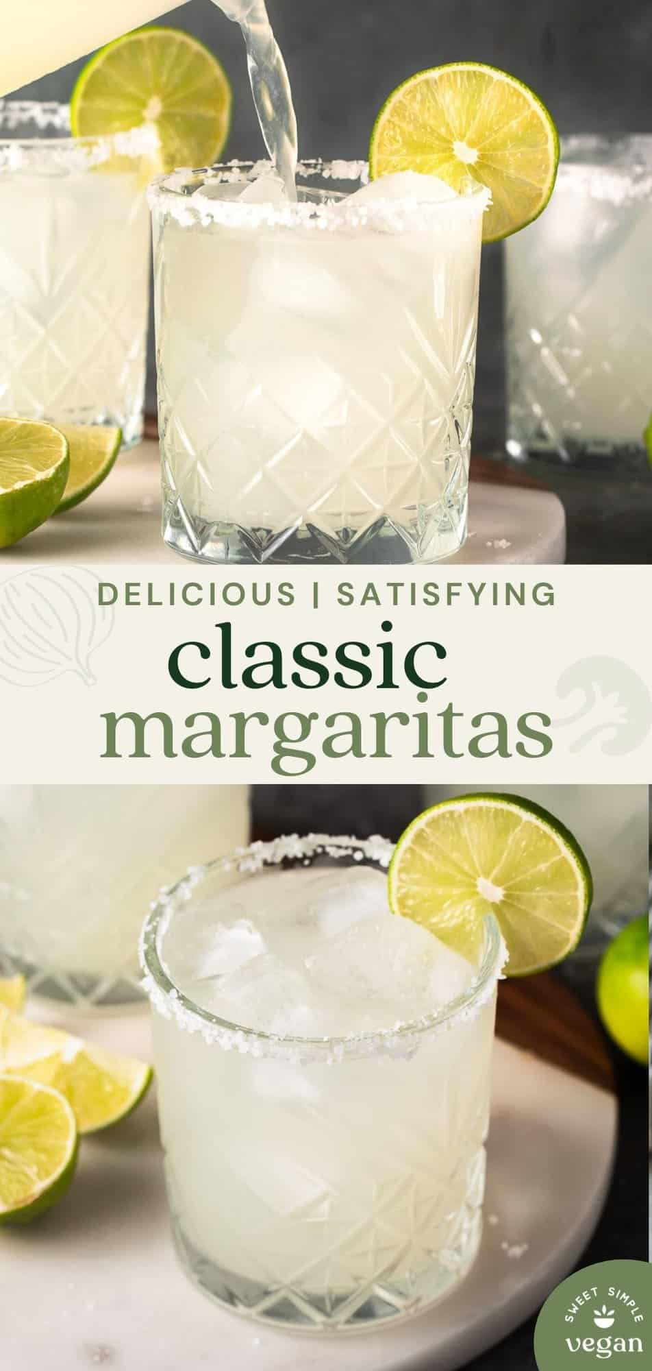 two images of margaritas in glasses and one being poured for pinterest