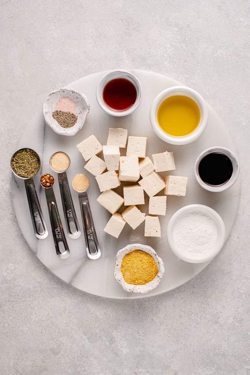 overhead image of ingredients on white slab