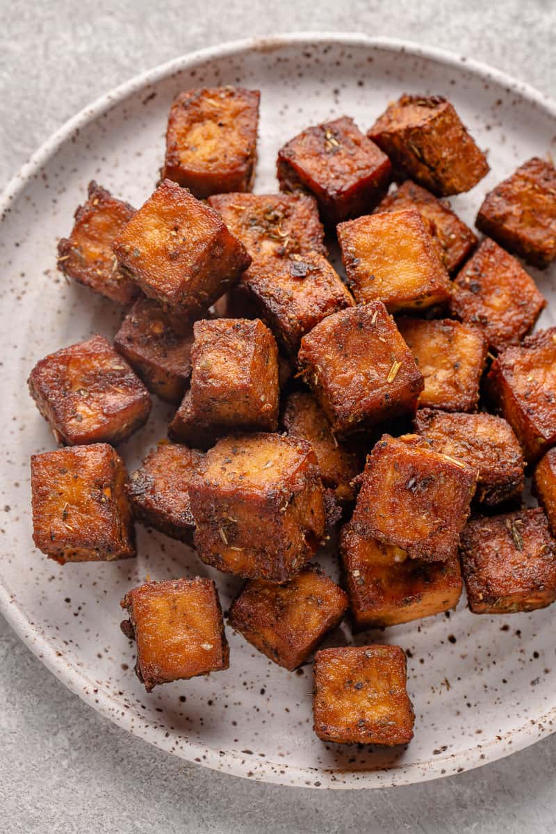 overhead image of herbed tofu on a plate