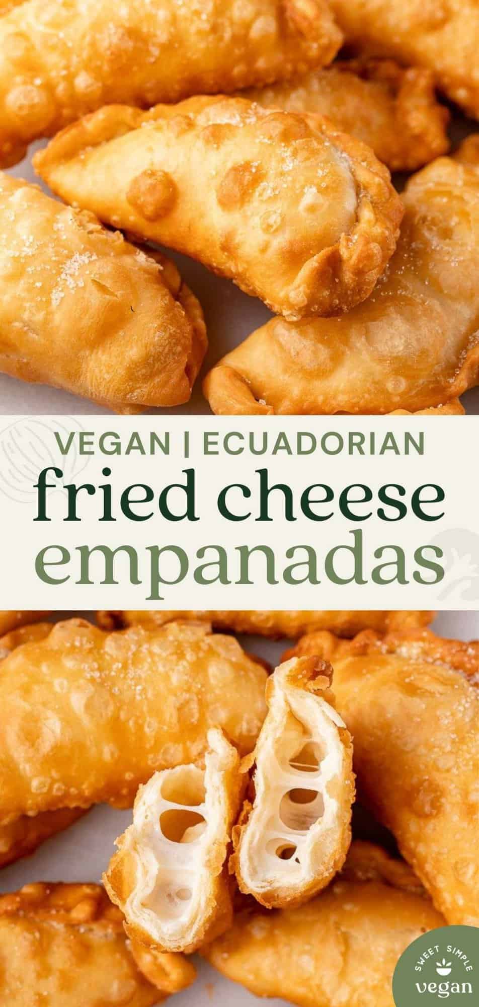 pinterest image with cooked empanadas and one cut open with cheese oozing