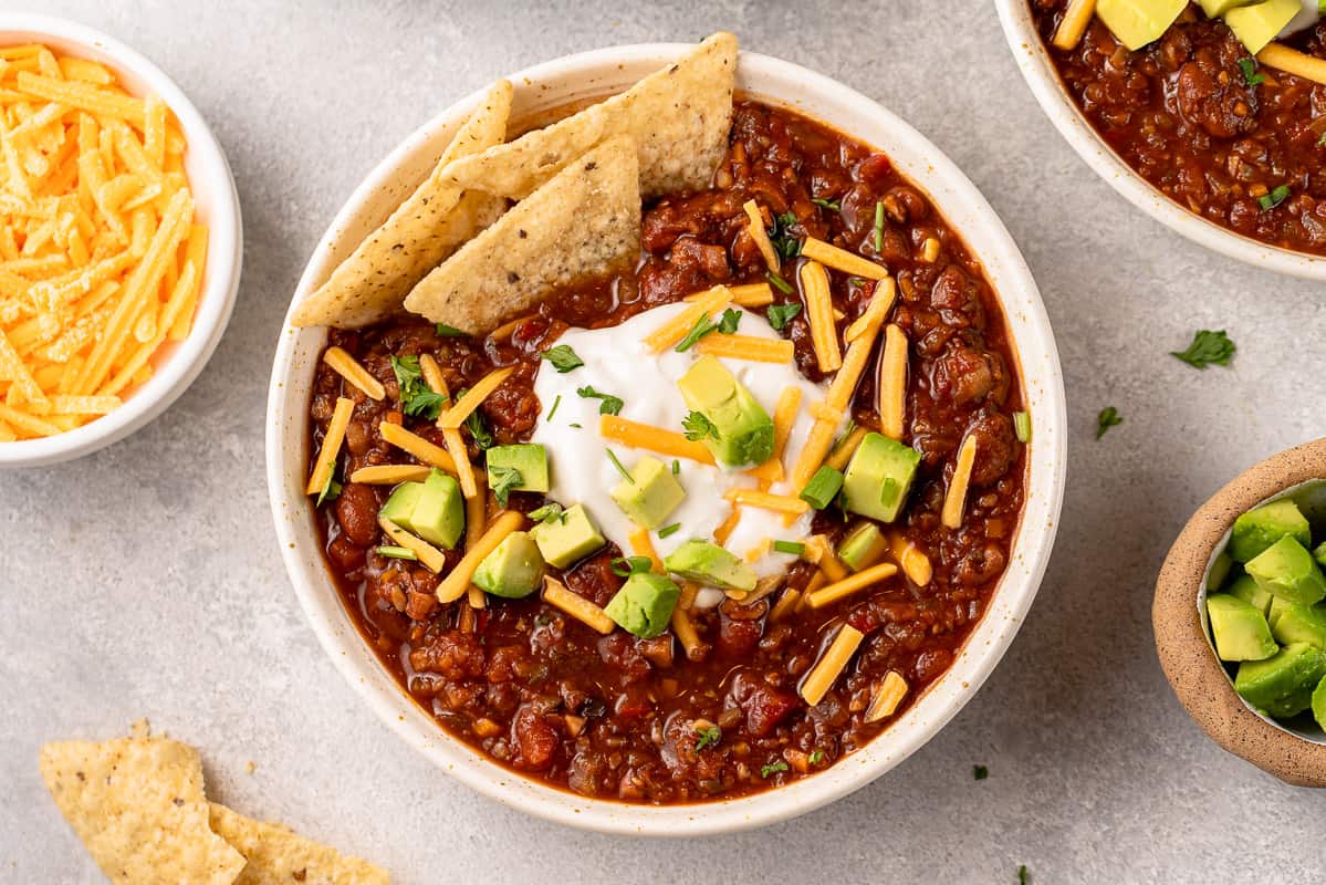 Horizontal image of styled bowl of chili