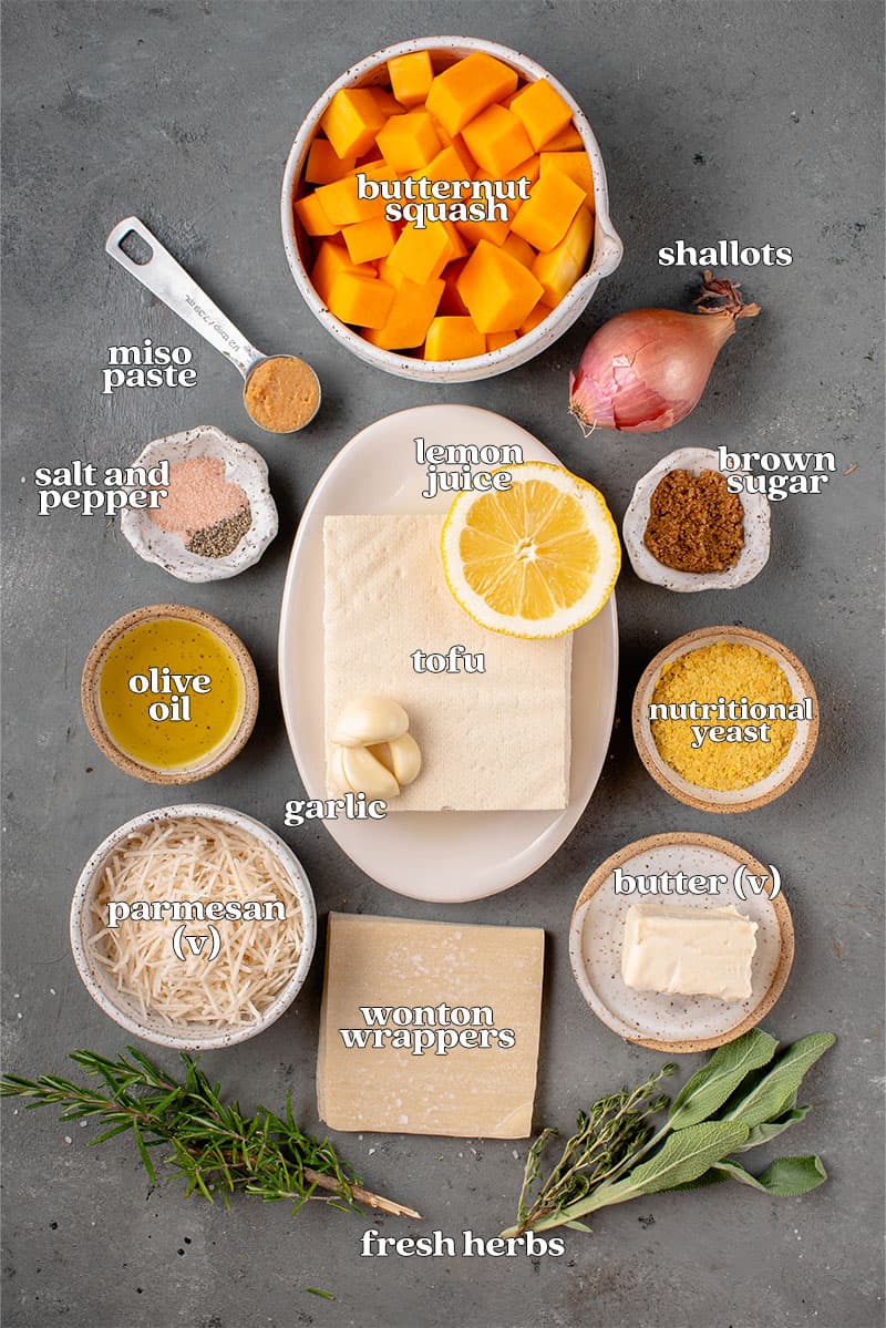 ingredients fot butternut squash ravioli on gray board