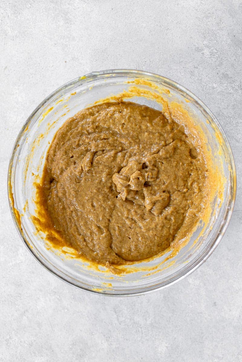 batter for pumpkin bread in mixing bowl