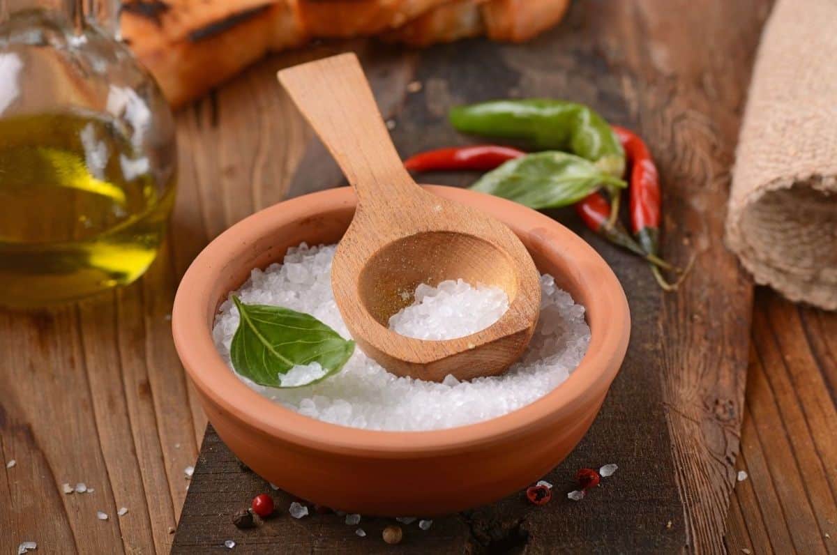 iodized salt in wooden bowl with spoon