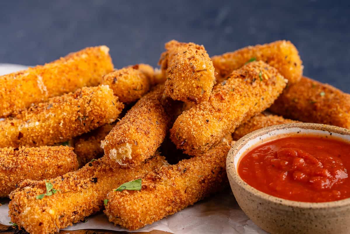 close up of Spicy Dairy-Free Mozzarella Sticks