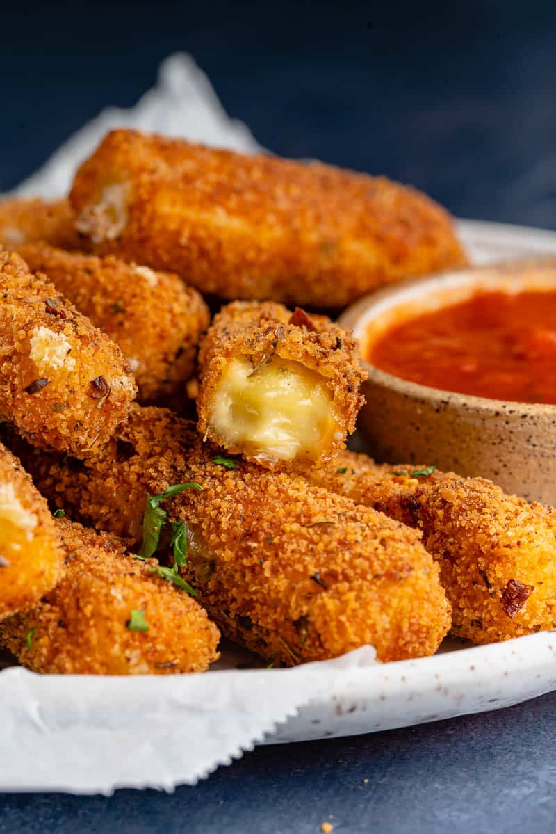 cut of shot Spicy Dairy-Free Mozzarella Sticks