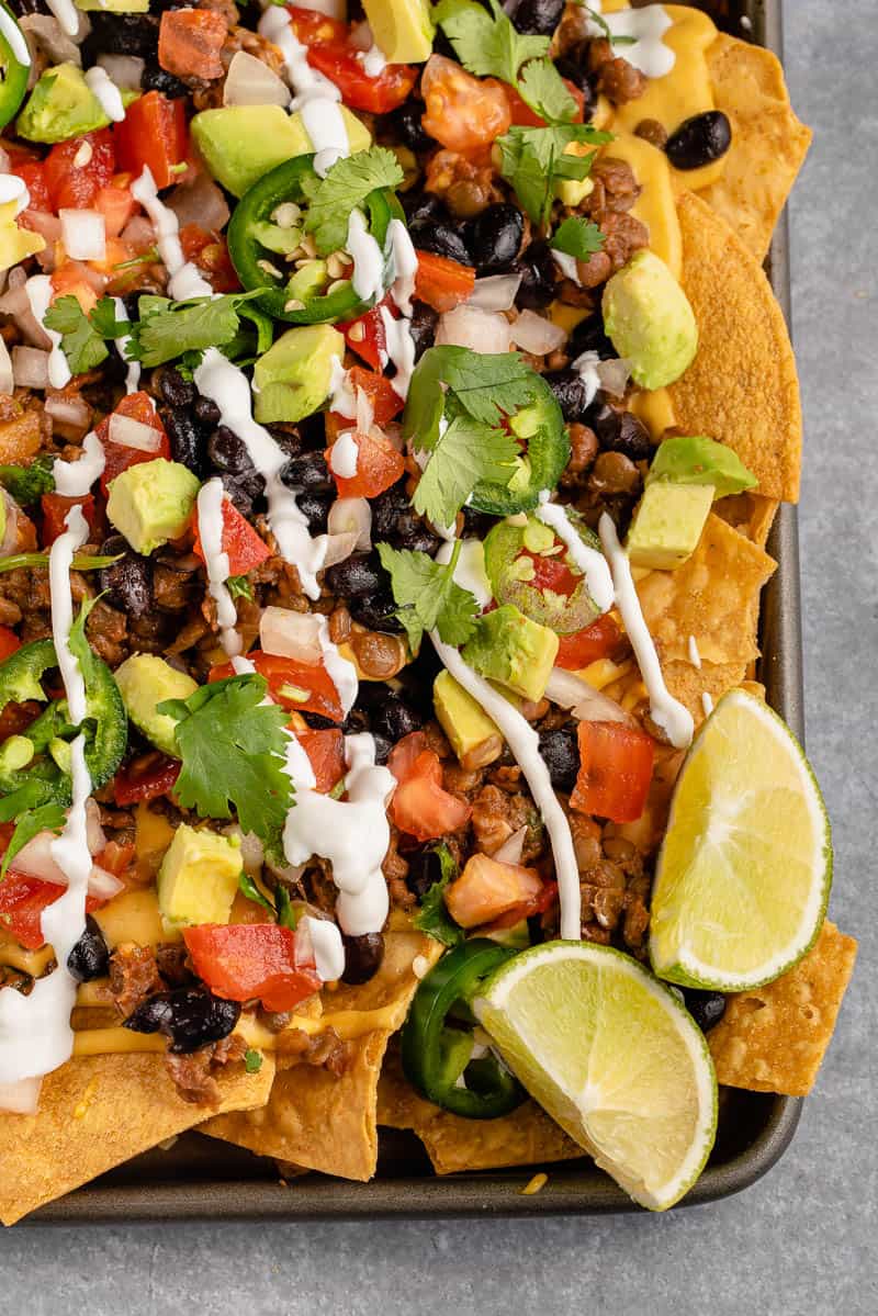 close up photo of loaded vegan nachos