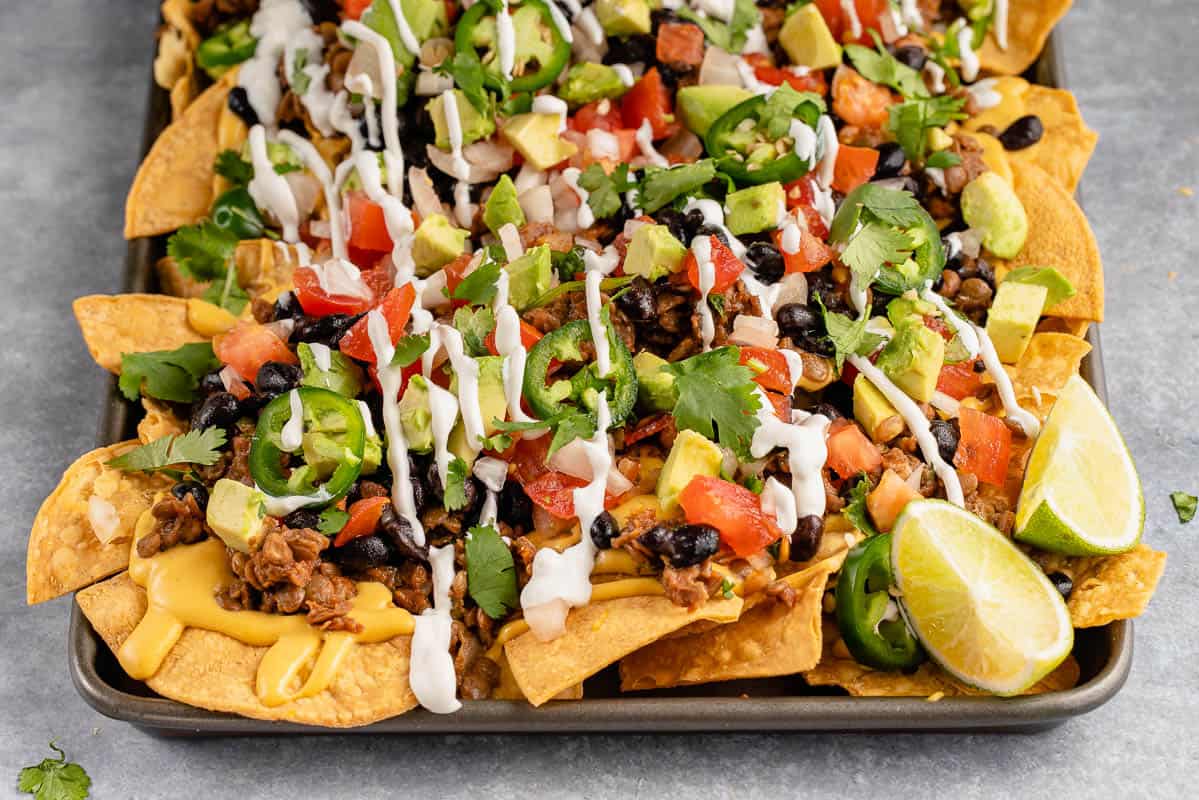 close up photo of loaded nachos