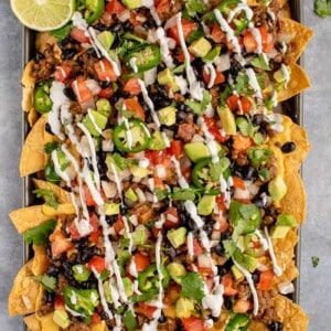 a sheet pan of loaded vegan nachos