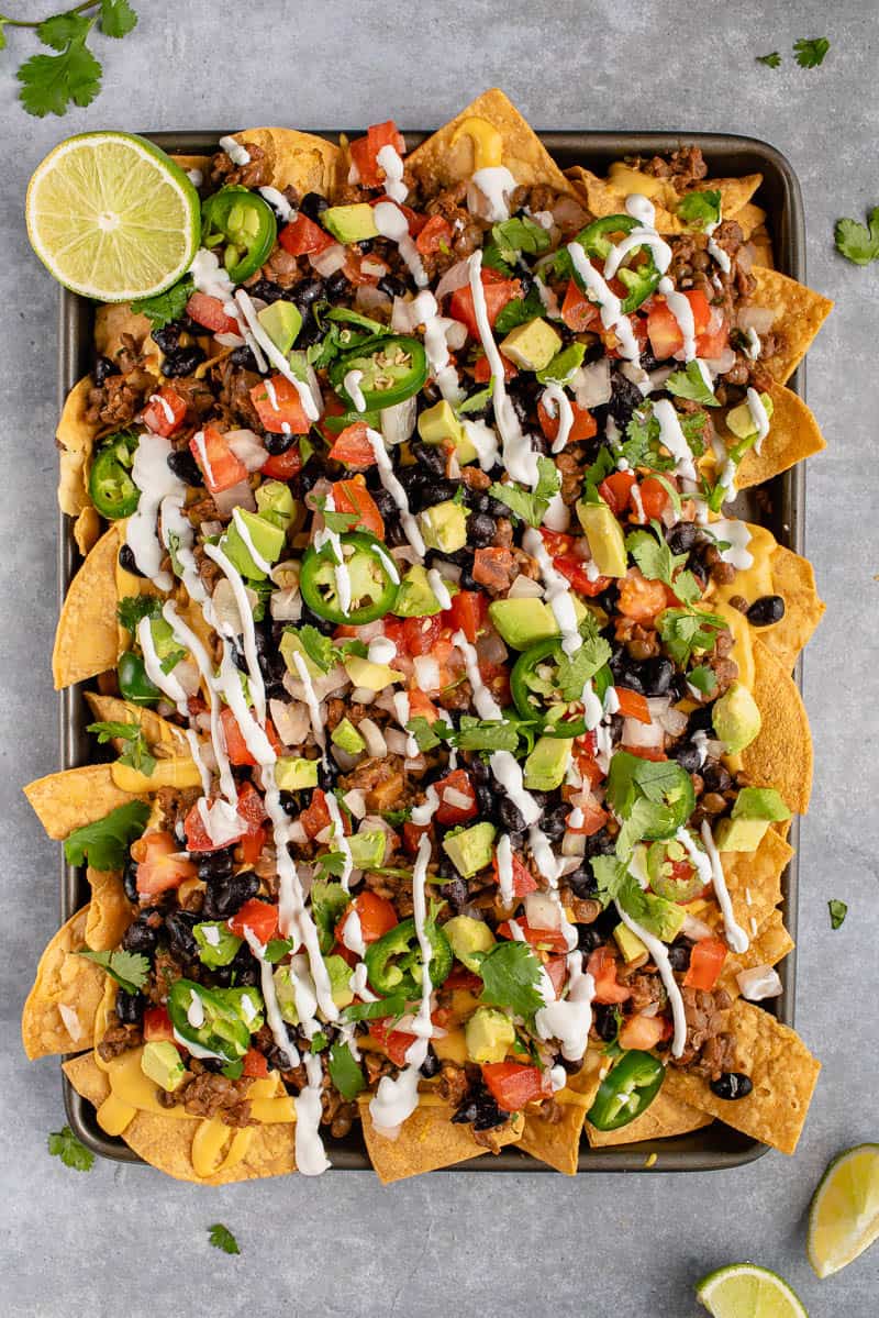 a sheet pan of loaded vegan nachos