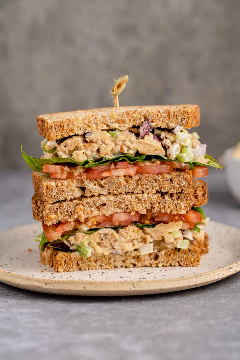 close up of vegan chicken salad sandwich