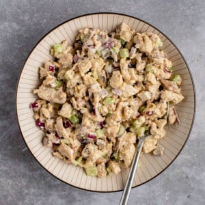 vegan chicken salad in bowl with spoon