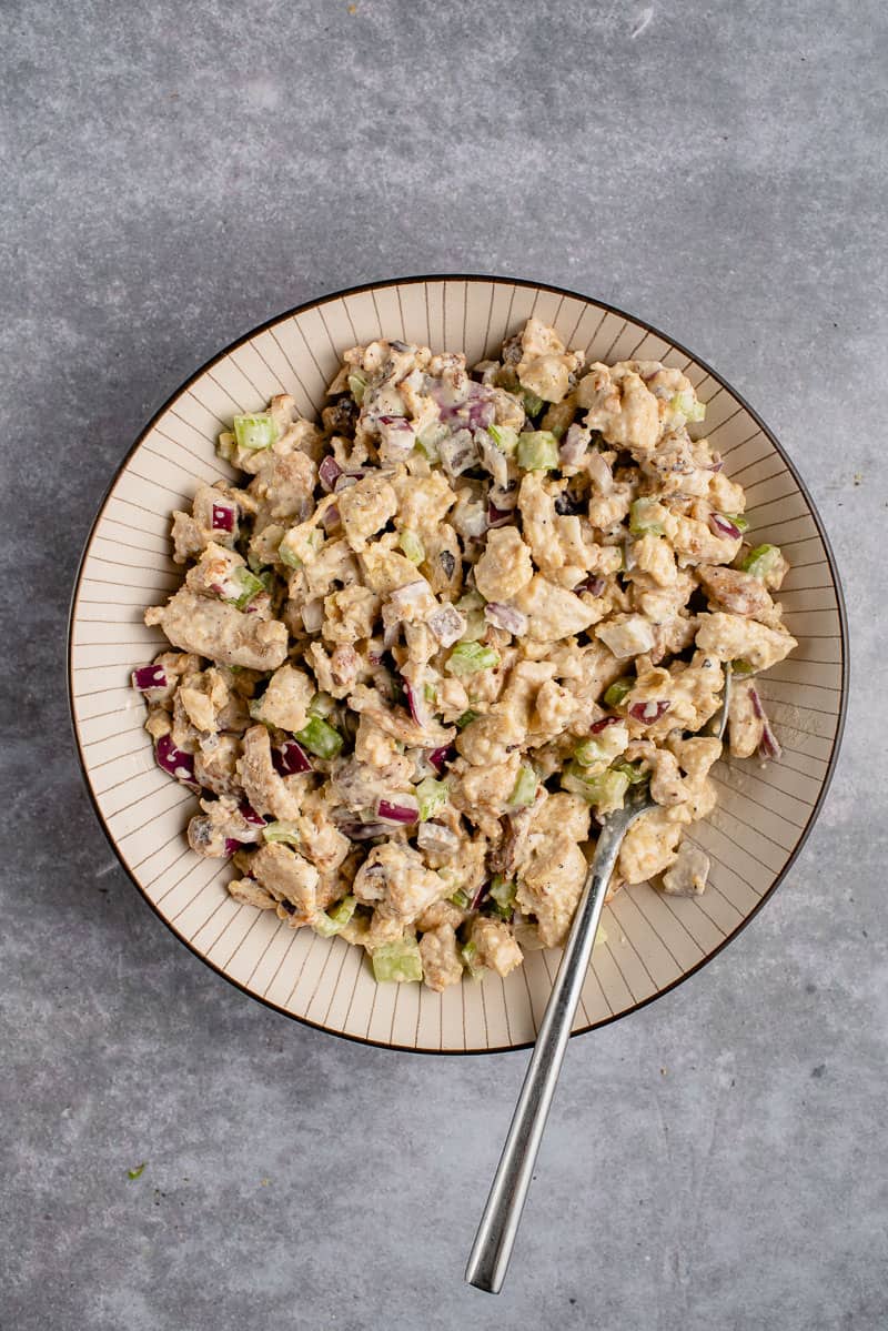 vegan chicken salad in bowl with spoon