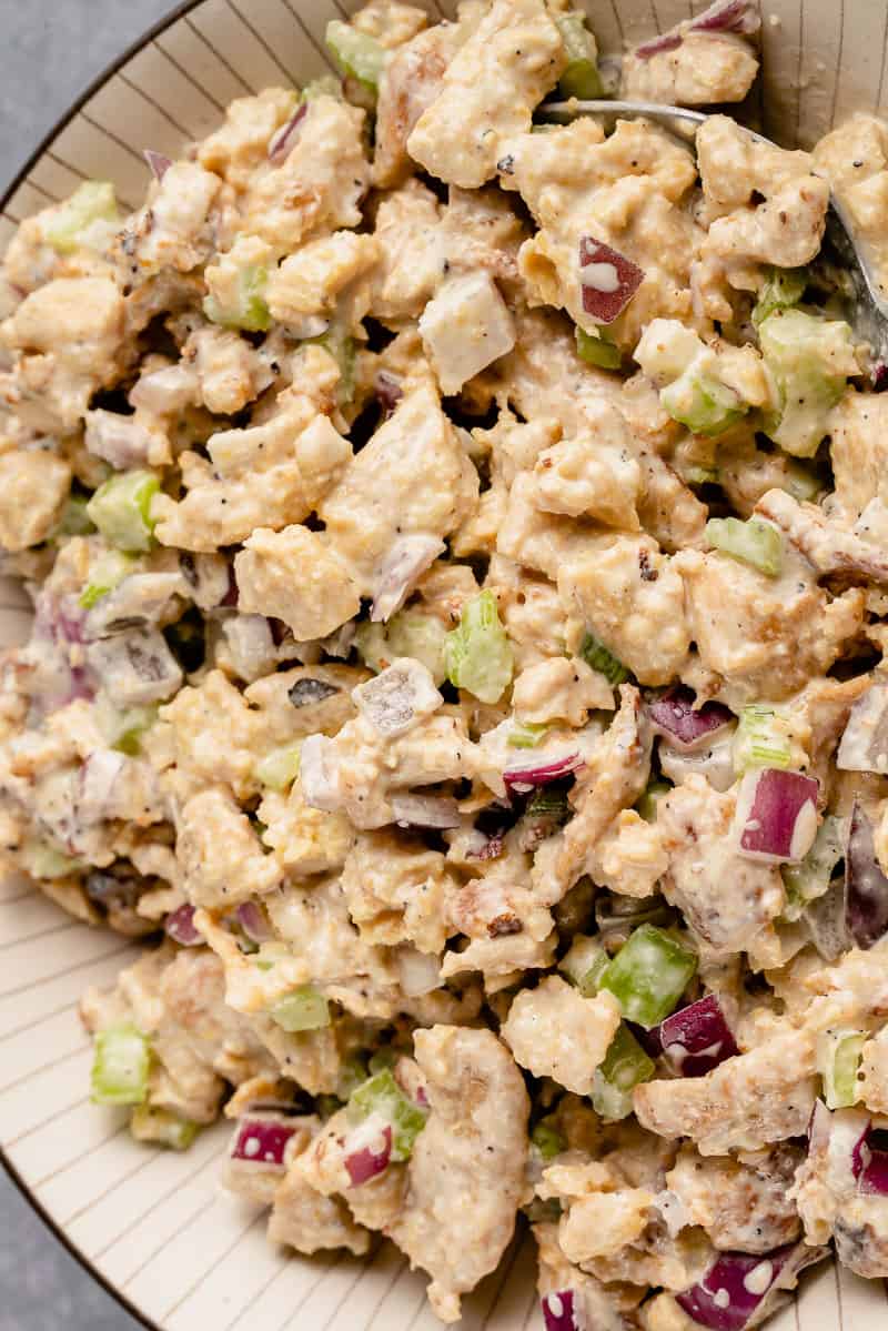 close up of vegan chicken salad in bowl