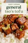 saucy vegan general tso's tofu in a bowl with rice for pinterest