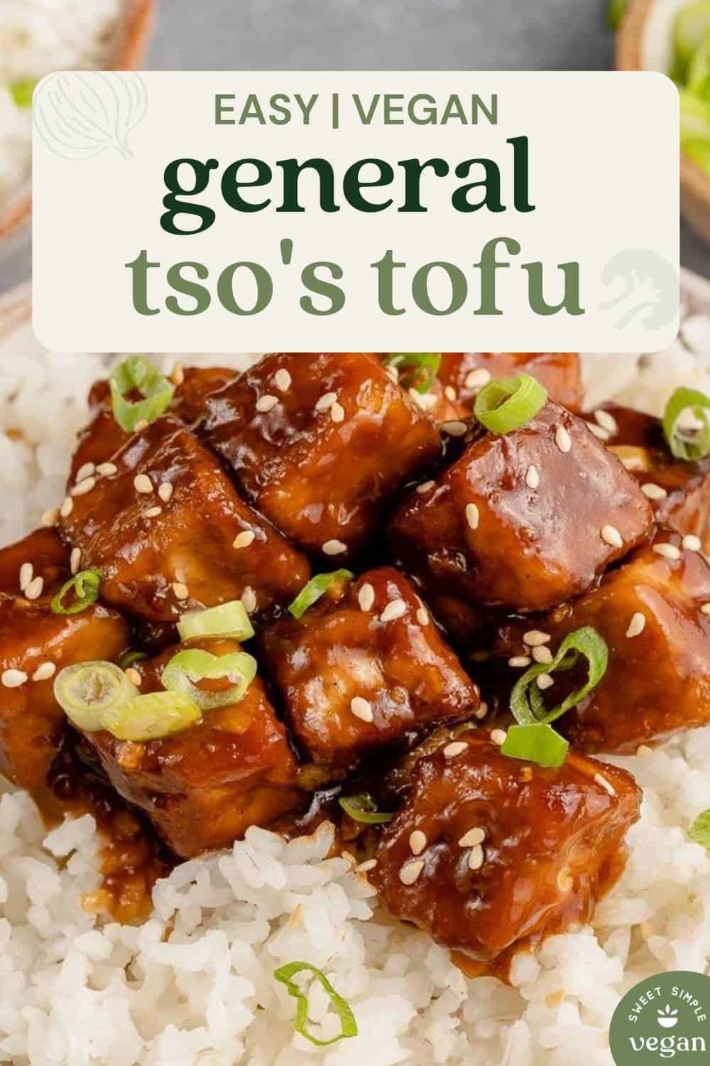 saucy vegan general tso's tofu in a bowl with rice for pinterest