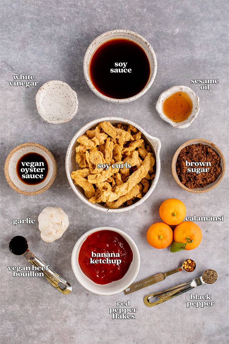 ingredients for Vegan Filipino Barbecue on gray background with labels