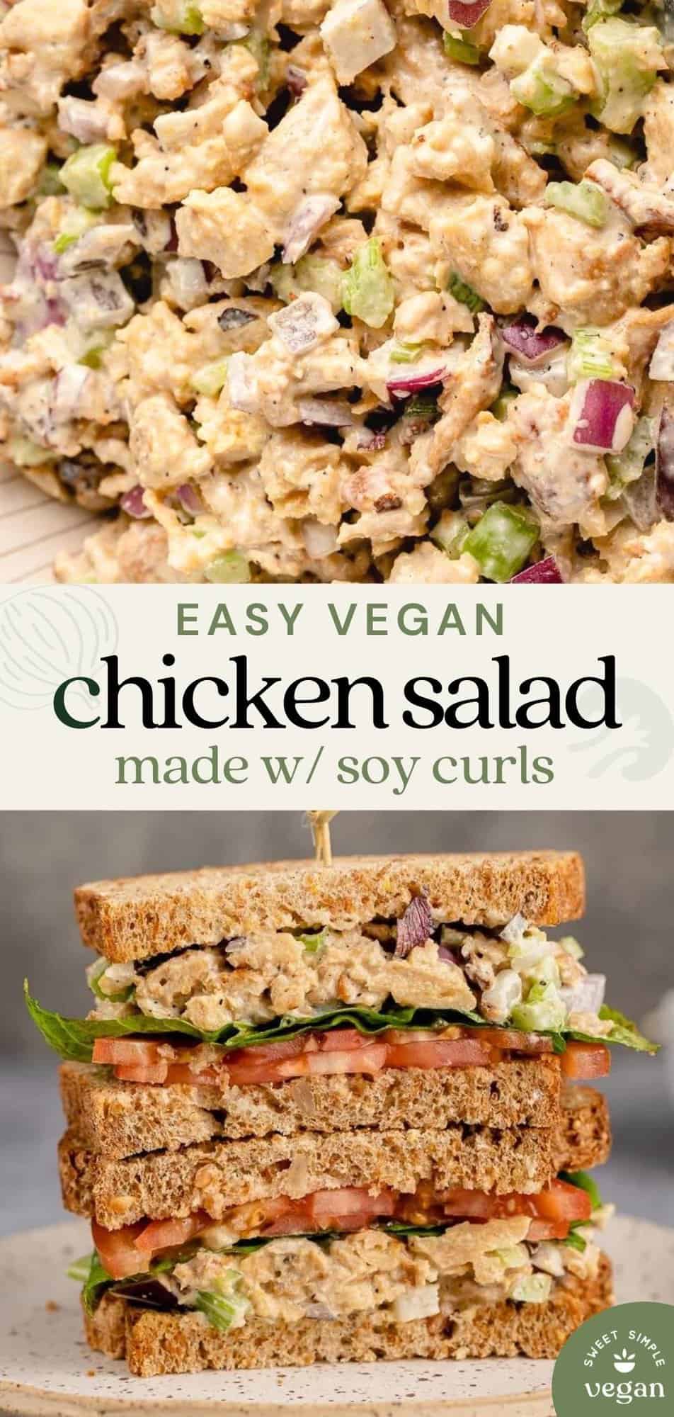 close up of vegan chicken salad sandwich for pinterest