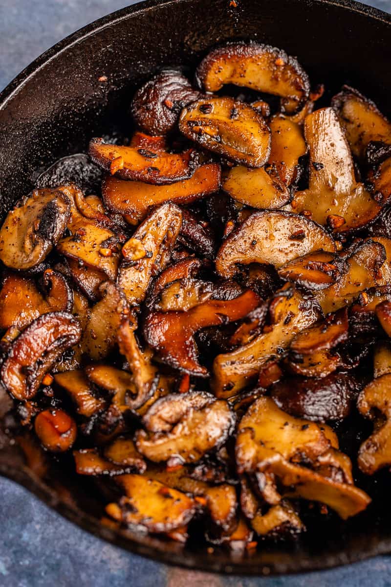 Garlic Butter Miso Mushrooms in cast iron skillet